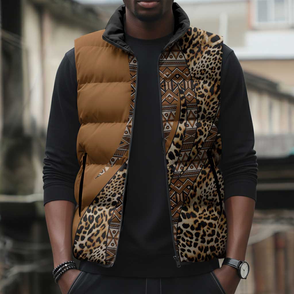 Africa Leopard Mix Native Tribal Pattern Sleeveless Puffer Jacket