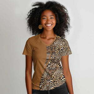 Afro Leopard Mix Native Tribal Pattern Women V-Neck T-Shirt