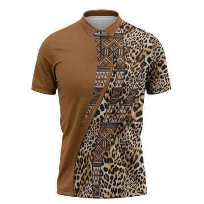 Africa Leopard Mix Native Tribal Pattern Zipper Polo Shirt