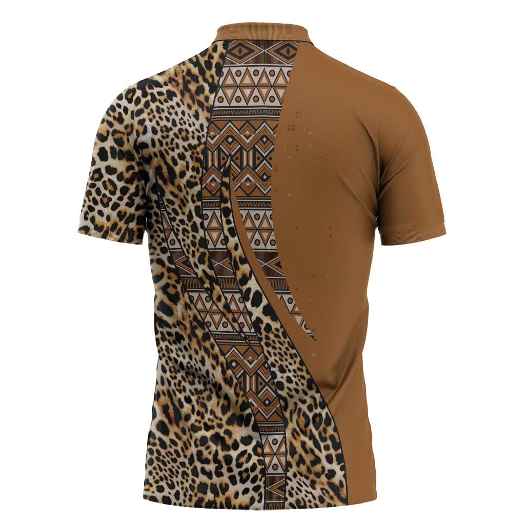 Africa Leopard Mix Native Tribal Pattern Zipper Polo Shirt