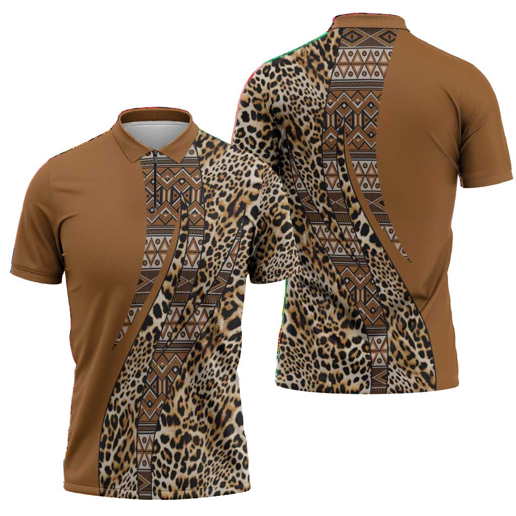 Africa Leopard Mix Native Tribal Pattern Zipper Polo Shirt