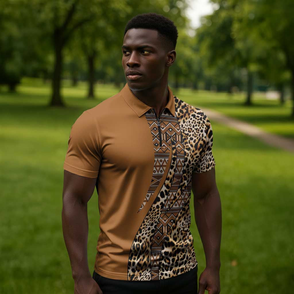 Africa Leopard Mix Native Tribal Pattern Zipper Polo Shirt