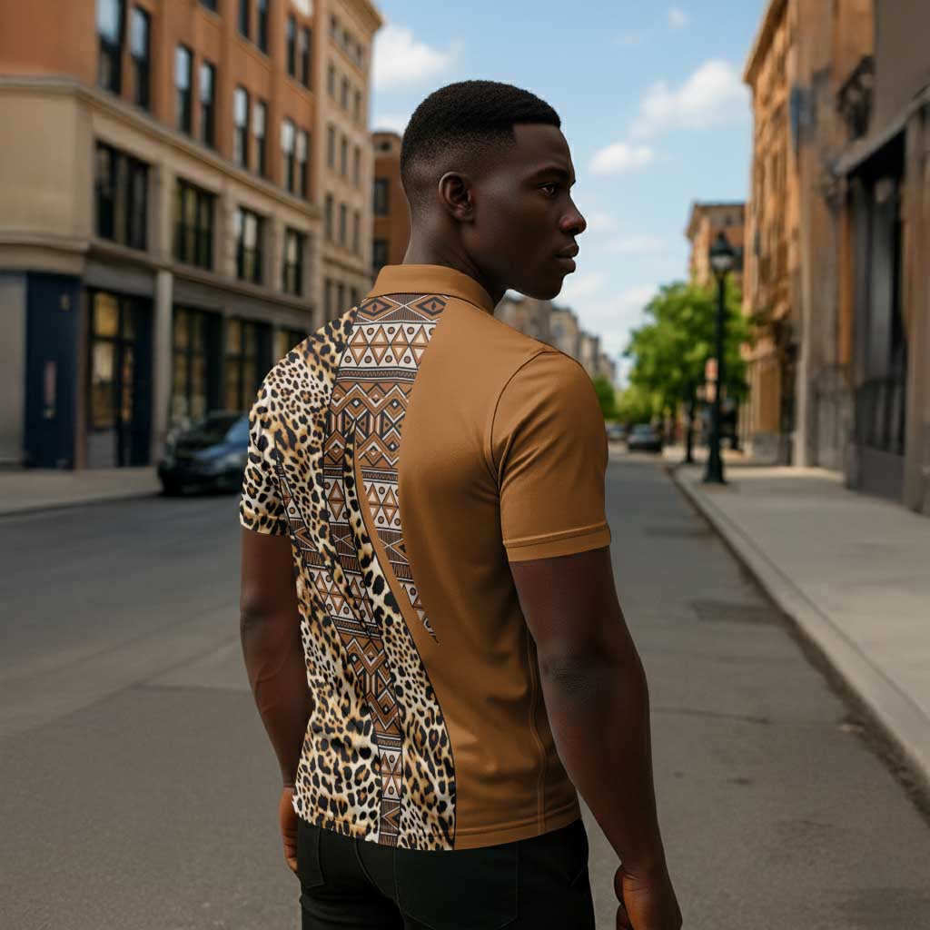 Africa Leopard Mix Native Tribal Pattern Zipper Polo Shirt