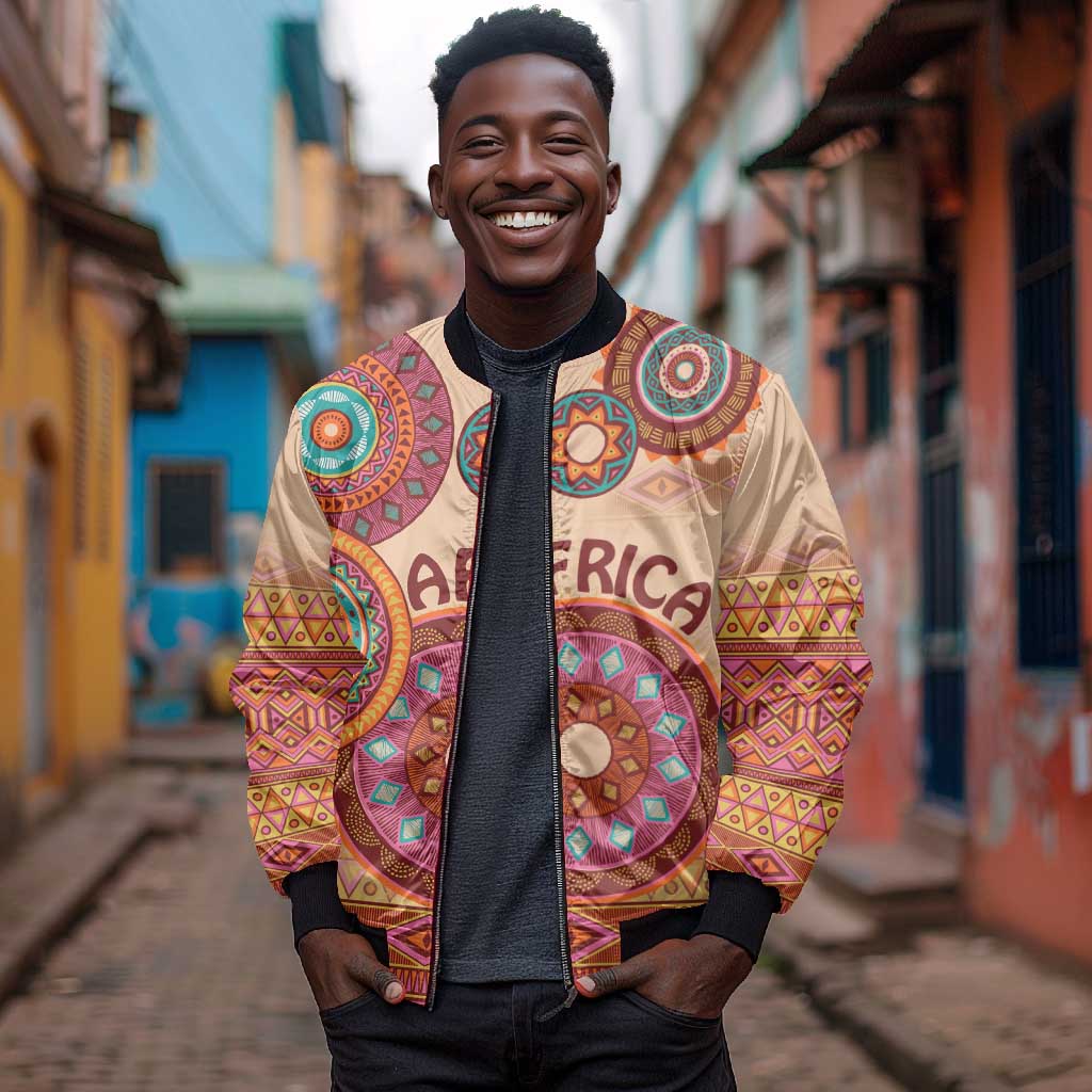 Afro Tribal Traditional Pattern Bomber Jacket Beige Motif