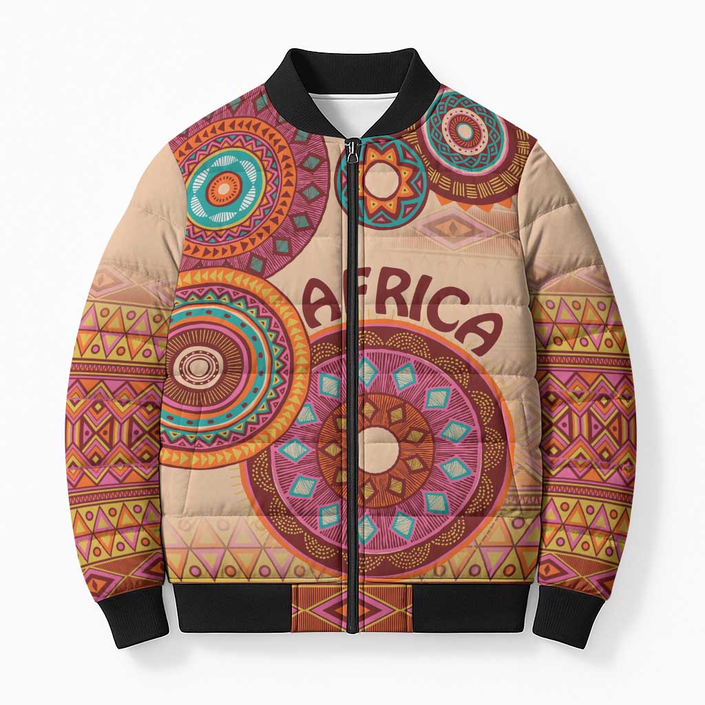 Africa Tribal Traditional Pattern Bomber Puffer Jacket Beige Motif