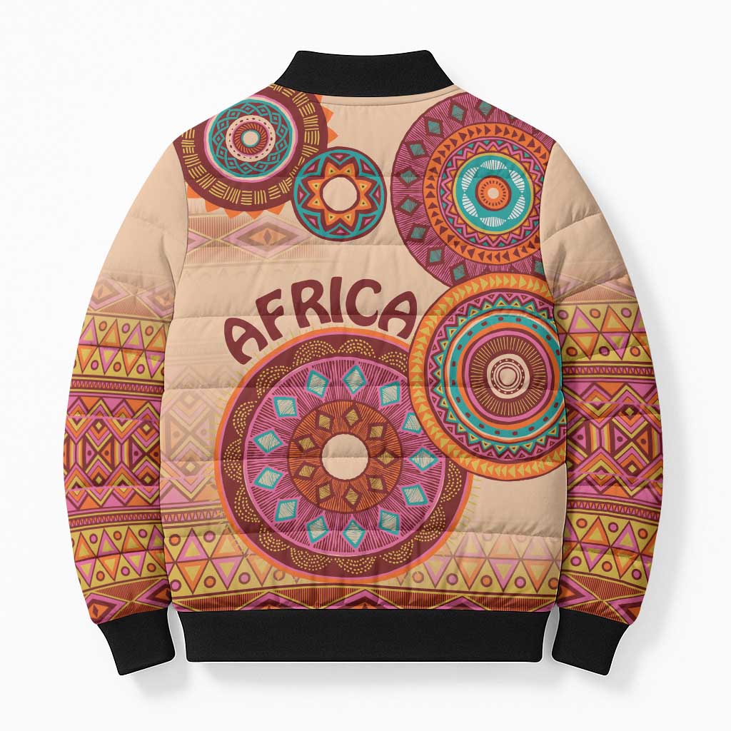 Africa Tribal Traditional Pattern Bomber Puffer Jacket Beige Motif
