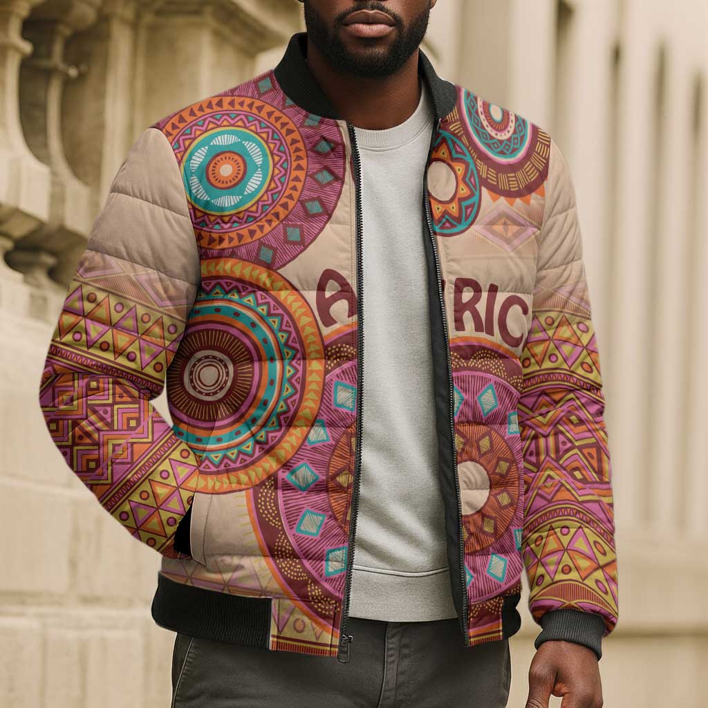 Africa Tribal Traditional Pattern Bomber Puffer Jacket Beige Motif