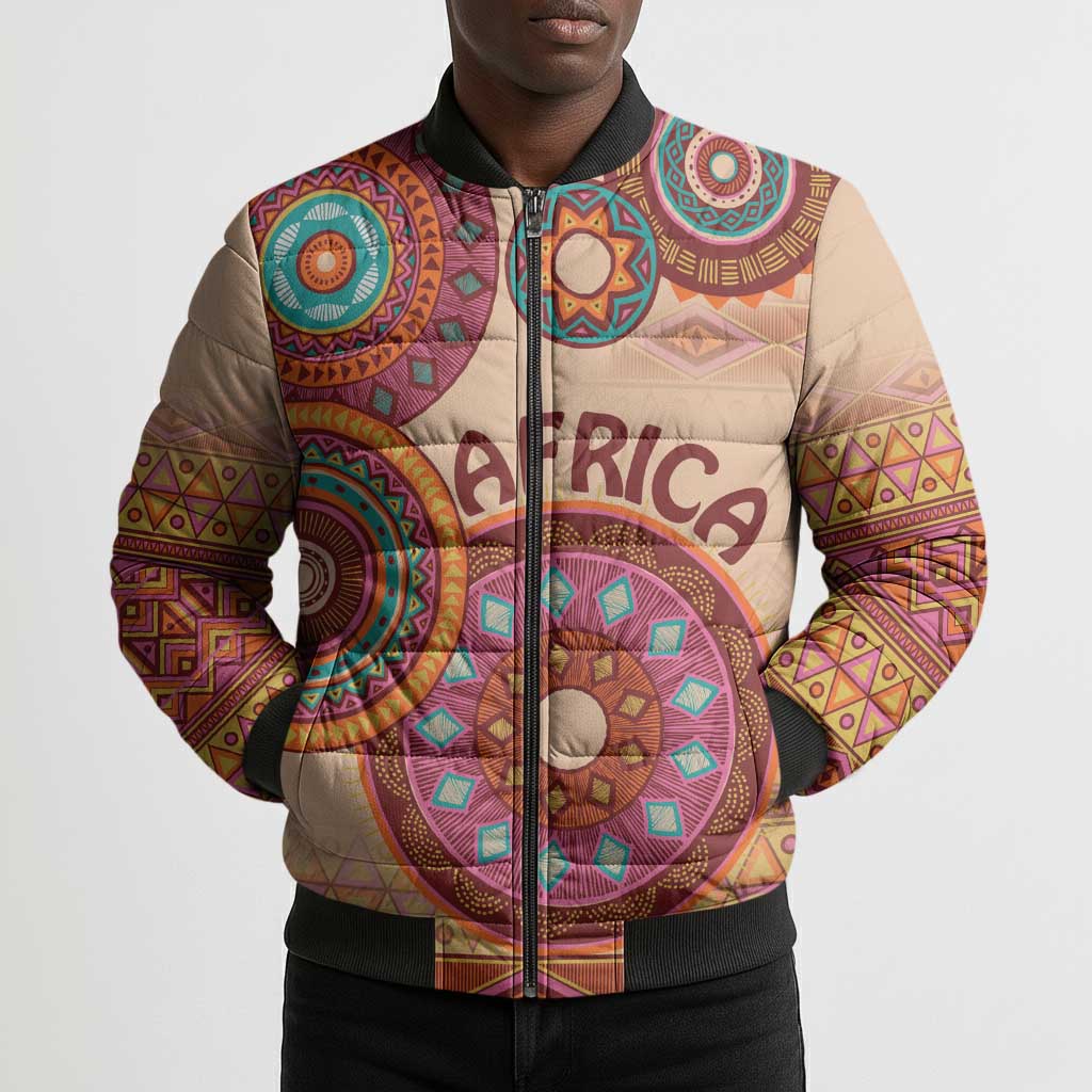 Africa Tribal Traditional Pattern Bomber Puffer Jacket Beige Motif