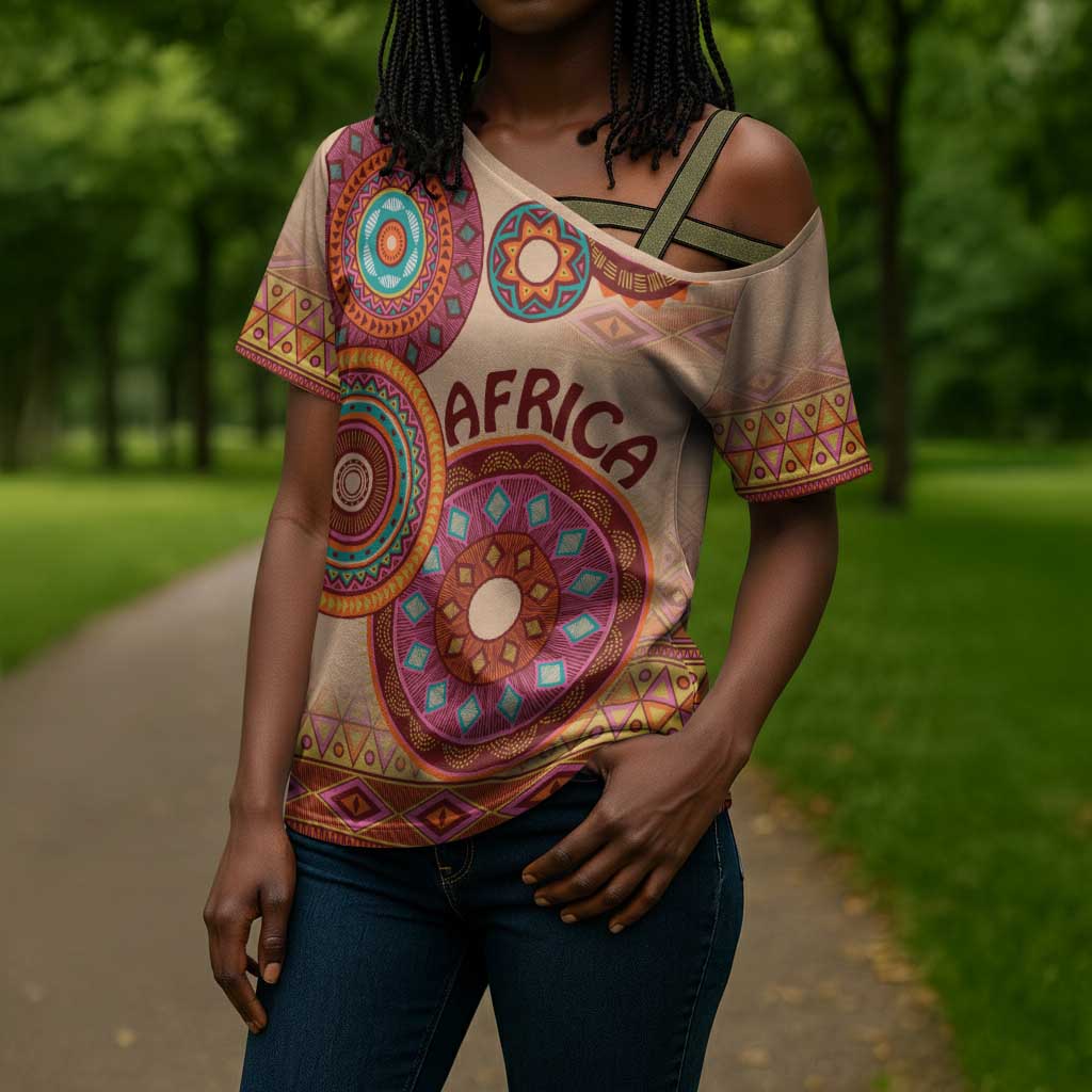 Africa Tribal Traditional Pattern Cross Shoulder Shirt Beige Motif