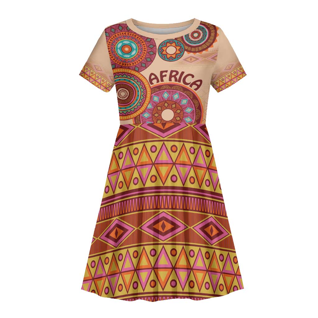 Afro Tribal Traditional Pattern Kid Short Sleeve Dress Beige Motif