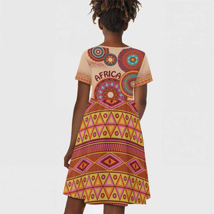 Afro Tribal Traditional Pattern Kid Short Sleeve Dress Beige Motif