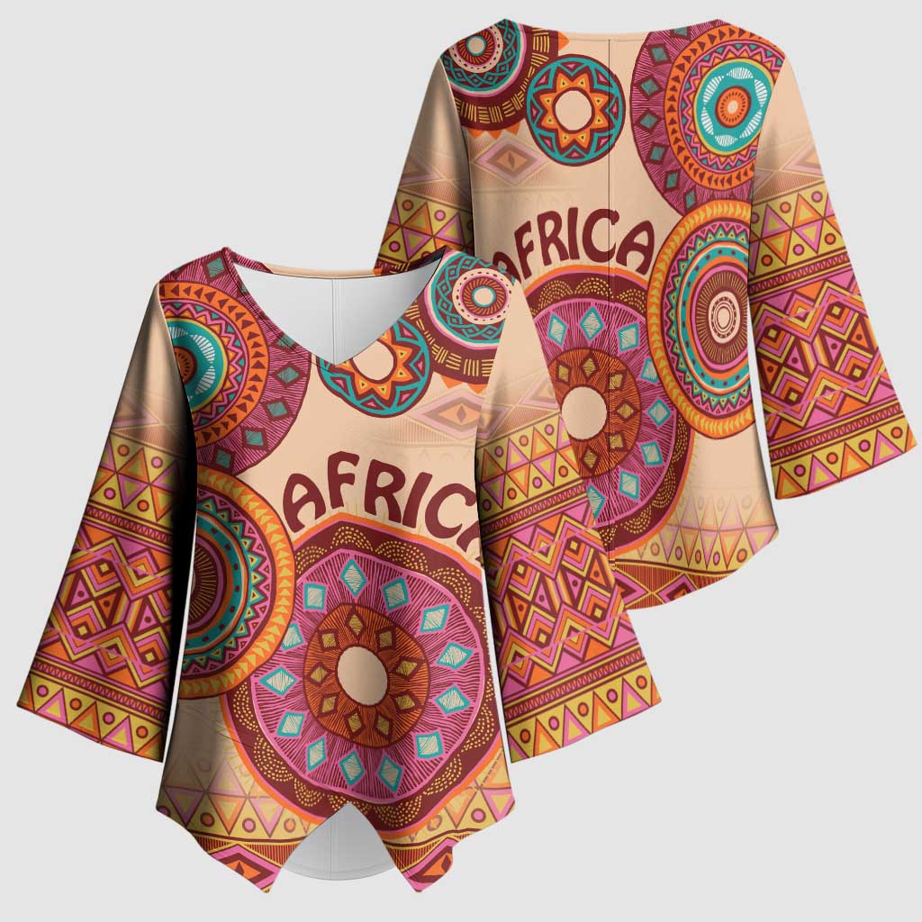 Africa Tribal Traditional Pattern Kimono Sleeve Blouse Beige Motif
