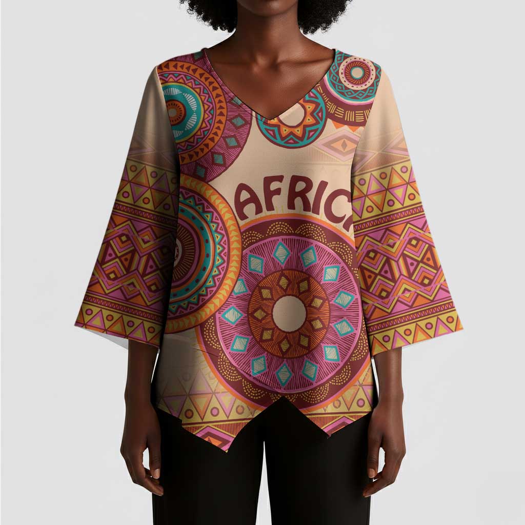 Africa Tribal Traditional Pattern Kimono Sleeve Blouse Beige Motif