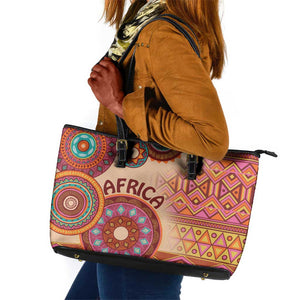 Afro Tribal Traditional Pattern Leather Tote Bag Beige Motif