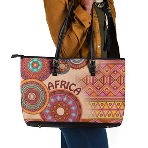 Afro Tribal Traditional Pattern Leather Tote Bag Beige Motif