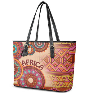 Afro Tribal Traditional Pattern Leather Tote Bag Beige Motif