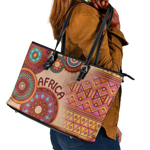 Afro Tribal Traditional Pattern Leather Tote Bag Beige Motif