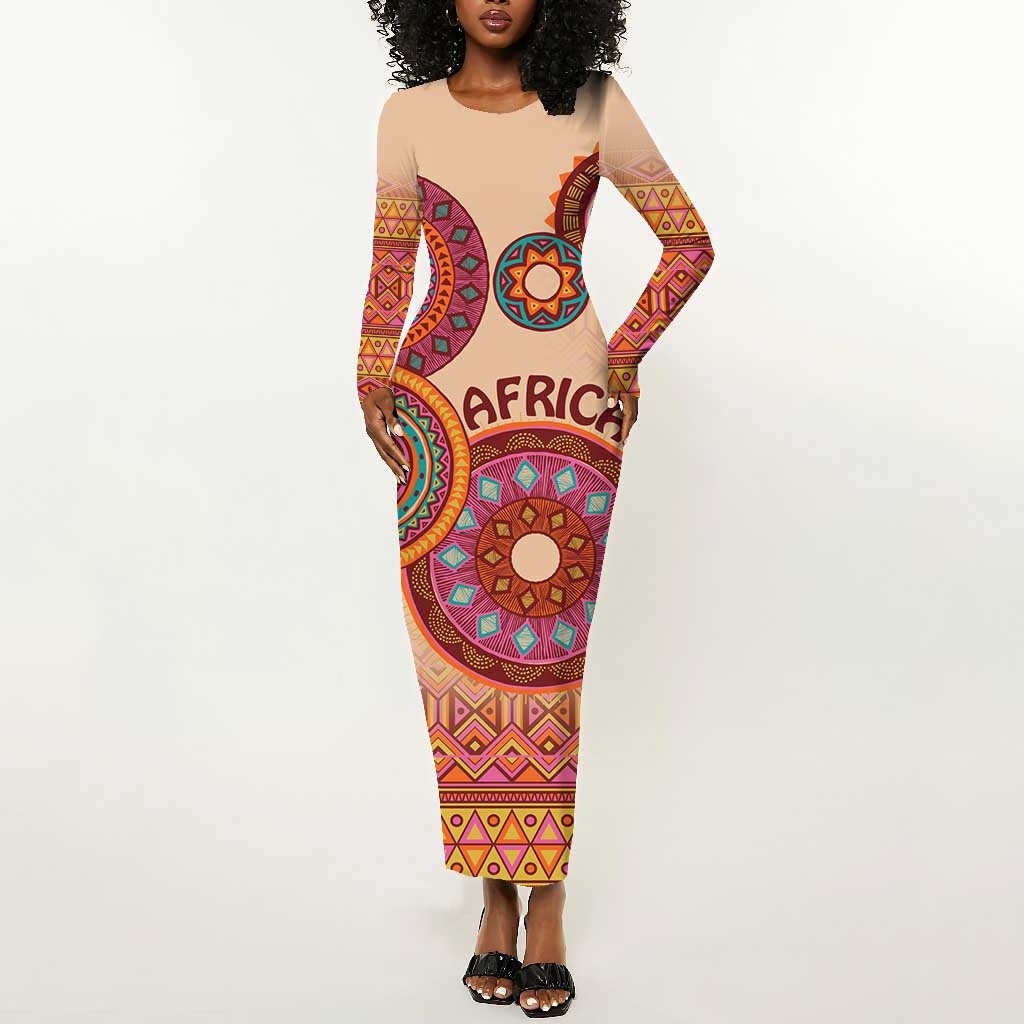 Afro Tribal Traditional Pattern Long Sleeve Bodycon Dress Beige Motif