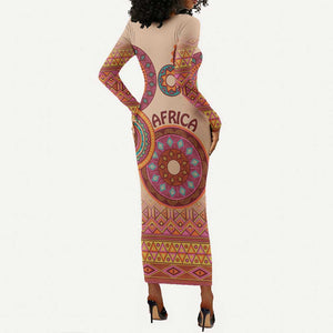 Afro Tribal Traditional Pattern Long Sleeve Bodycon Dress Beige Motif