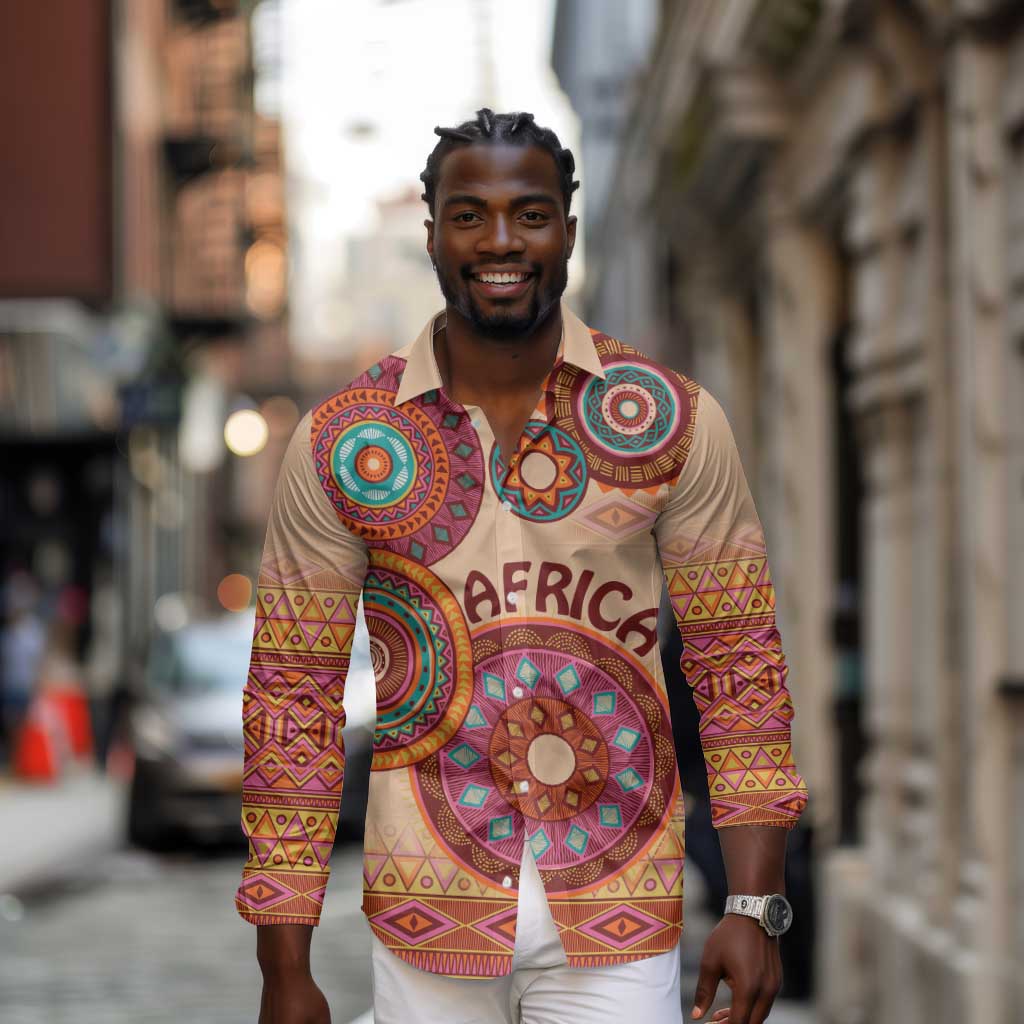 Afro Tribal Traditional Pattern Long Sleeve Button Shirt Beige Motif