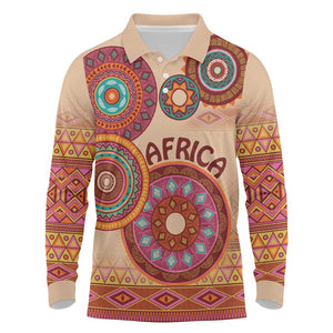 Afro Tribal Traditional Pattern Long Sleeve Polo Shirt Beige Motif