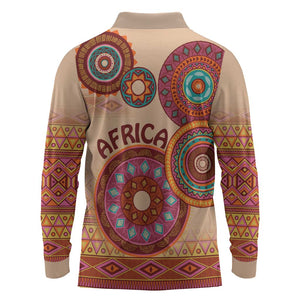 Afro Tribal Traditional Pattern Long Sleeve Polo Shirt Beige Motif