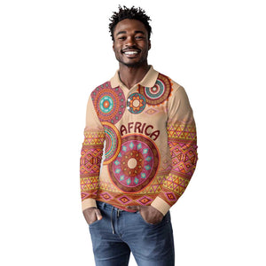 Afro Tribal Traditional Pattern Long Sleeve Polo Shirt Beige Motif