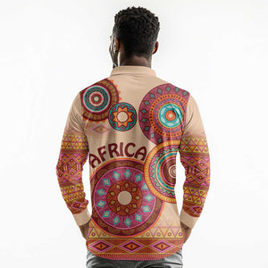 Afro Tribal Traditional Pattern Long Sleeve Polo Shirt Beige Motif