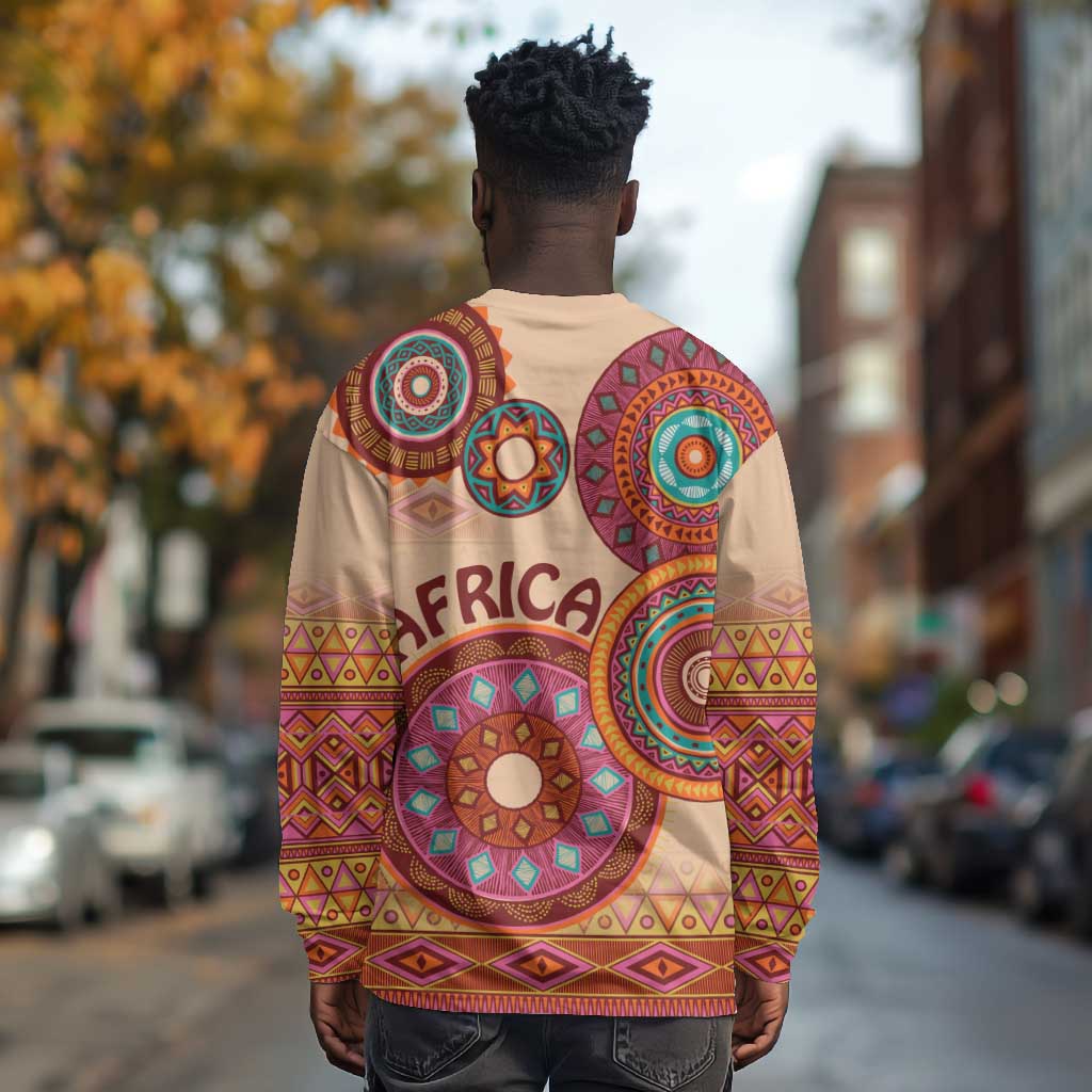 Afro Tribal Traditional Pattern Long Sleeve Shirt Beige Motif LT9