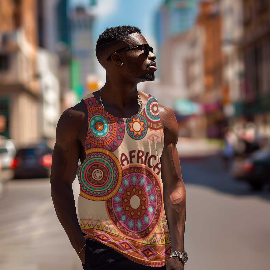 Afro Tribal Traditional Pattern Men Tank Top Beige Motif