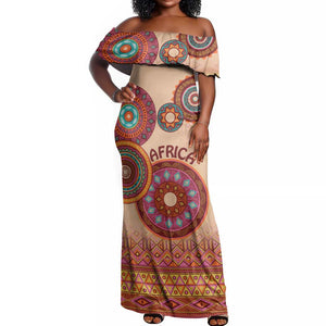 Afro Tribal Traditional Pattern Off Shoulder Maxi Dress Beige Motif