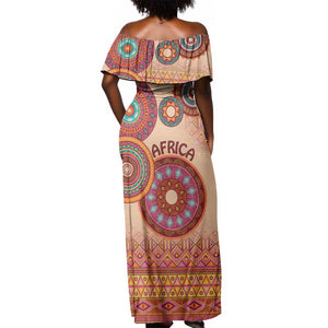 Afro Tribal Traditional Pattern Off Shoulder Maxi Dress Beige Motif