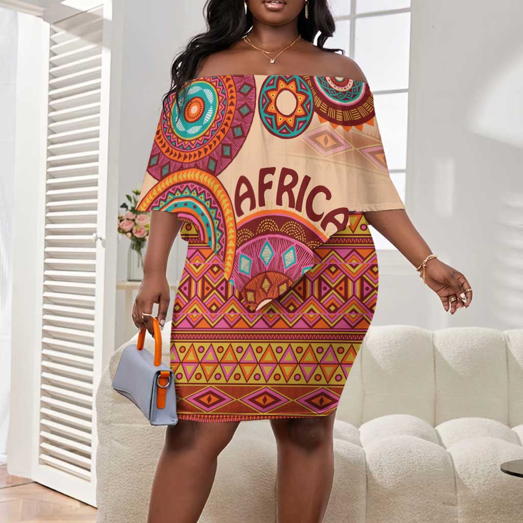 Afro Tribal Traditional Pattern Off Shoulder Short Dress Beige Motif