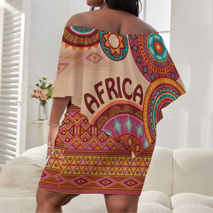 Afro Tribal Traditional Pattern Off Shoulder Short Dress Beige Motif