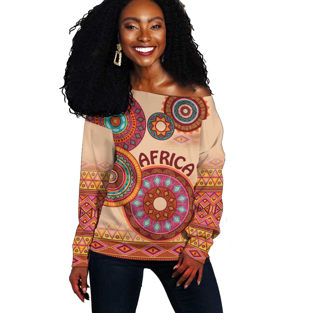 Afro Tribal Traditional Pattern Off Shoulder Sweater Beige Motif