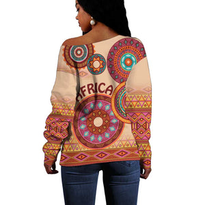 Afro Tribal Traditional Pattern Off Shoulder Sweater Beige Motif