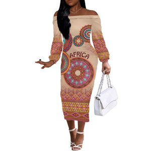 Afro Tribal Traditional Pattern Off The Shoulder Long Sleeve Dress Beige Motif