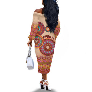 Afro Tribal Traditional Pattern Off The Shoulder Long Sleeve Dress Beige Motif