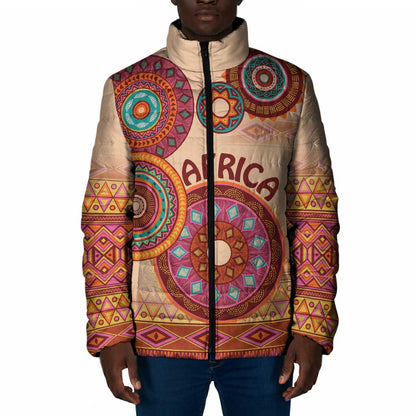Africa Tribal Traditional Pattern Padded Jacket Beige Motif