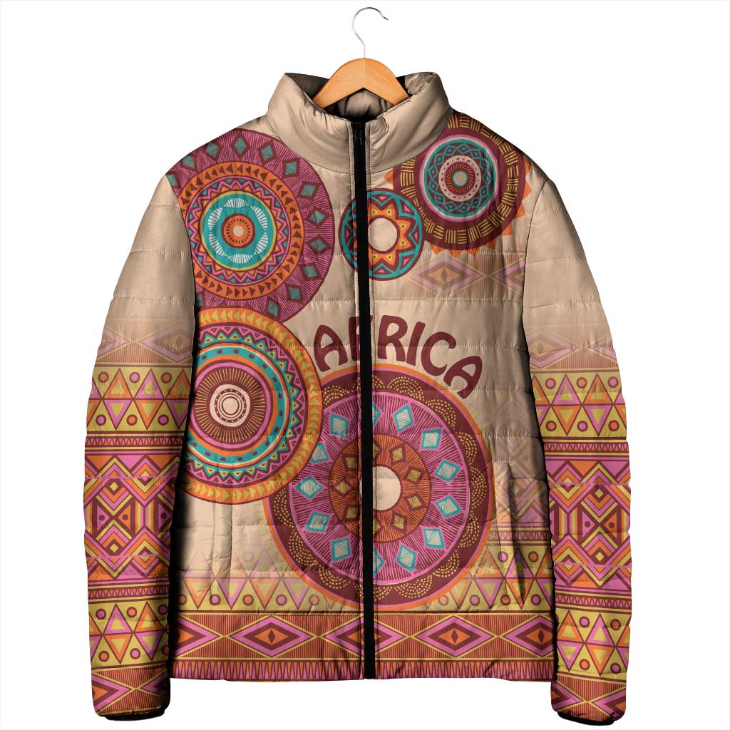 Africa Tribal Traditional Pattern Padded Jacket Beige Motif