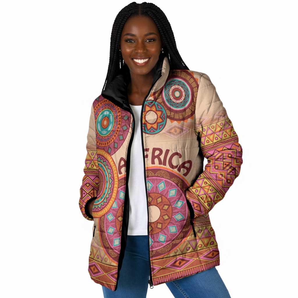 Africa Tribal Traditional Pattern Padded Jacket Beige Motif