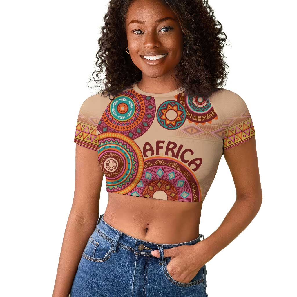 Afro Tribal Traditional Pattern Raglan Cropped T shirt Beige Motif