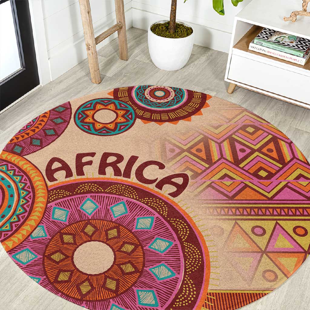 Afro Tribal Traditional Pattern Round Carpet Beige Motif