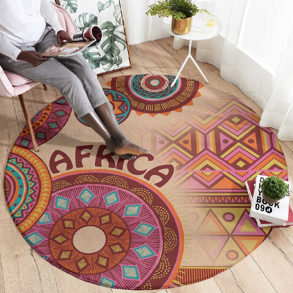 Afro Tribal Traditional Pattern Round Carpet Beige Motif