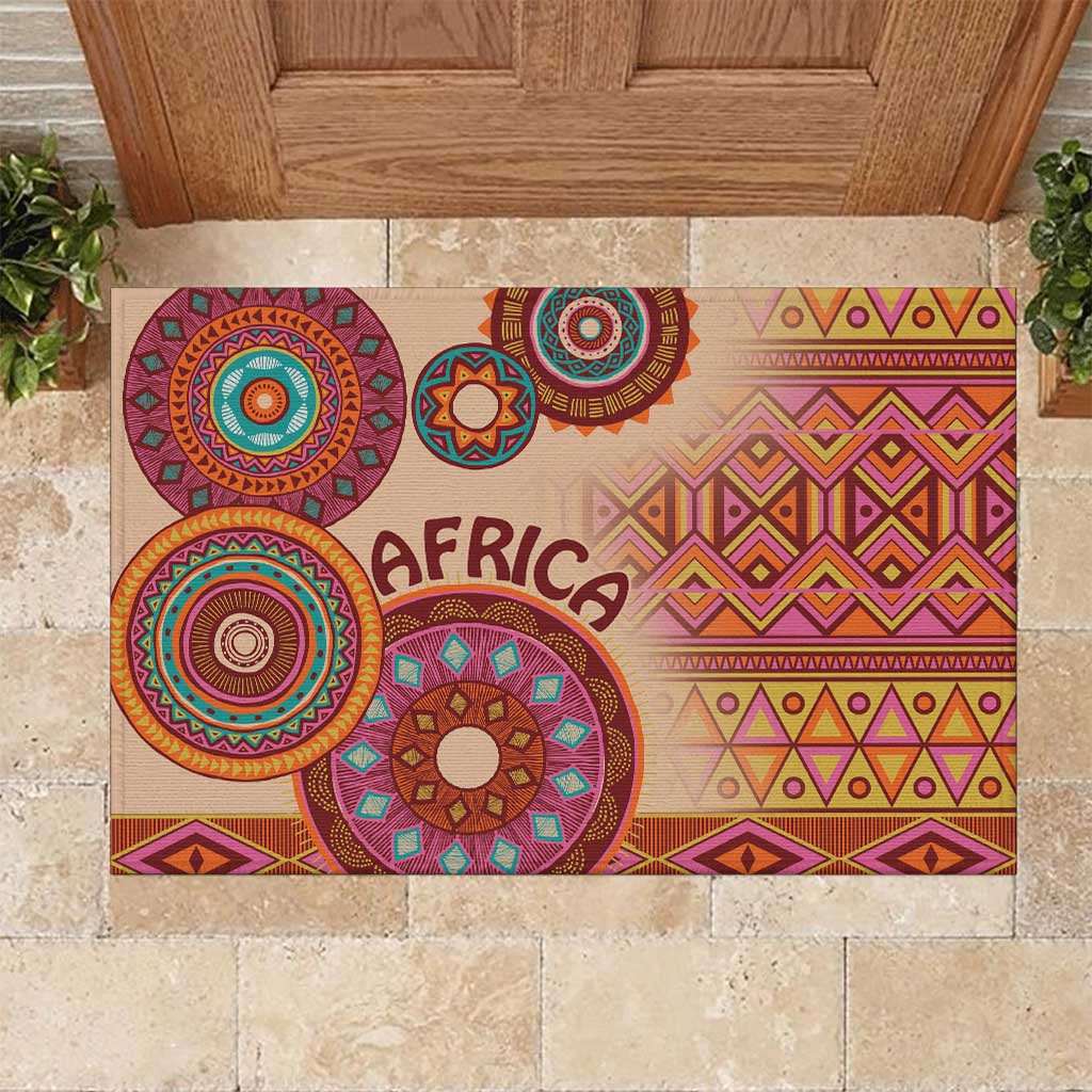 Afro Tribal Traditional Pattern Rubber Doormat Beige Motif