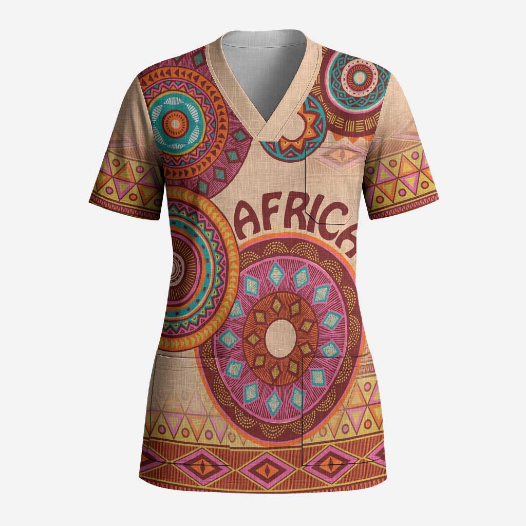 Africa Tribal Traditional Pattern Scrub Top Beige Motif