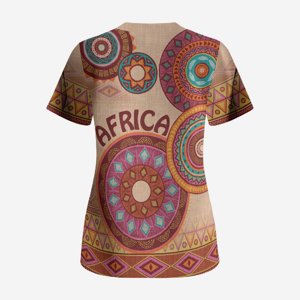 Africa Tribal Traditional Pattern Scrub Top Beige Motif