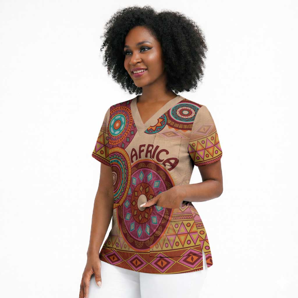 Africa Tribal Traditional Pattern Scrub Top Beige Motif