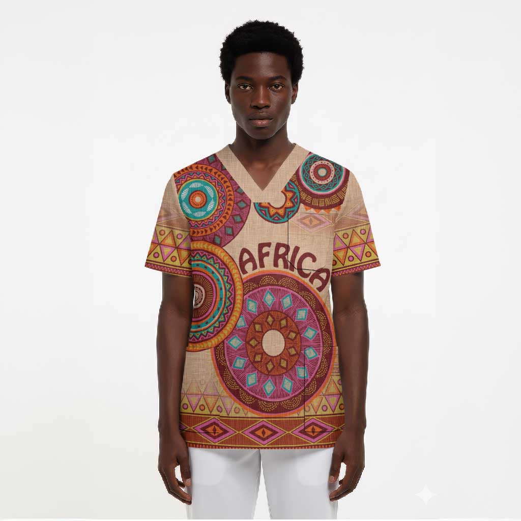 Africa Tribal Traditional Pattern Scrub Top Beige Motif