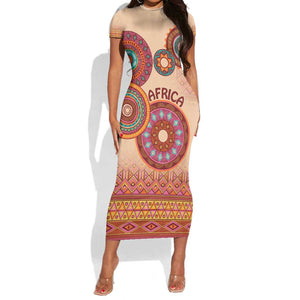 Afro Tribal Traditional Pattern Short Sleeve Bodycon Dress Beige Motif